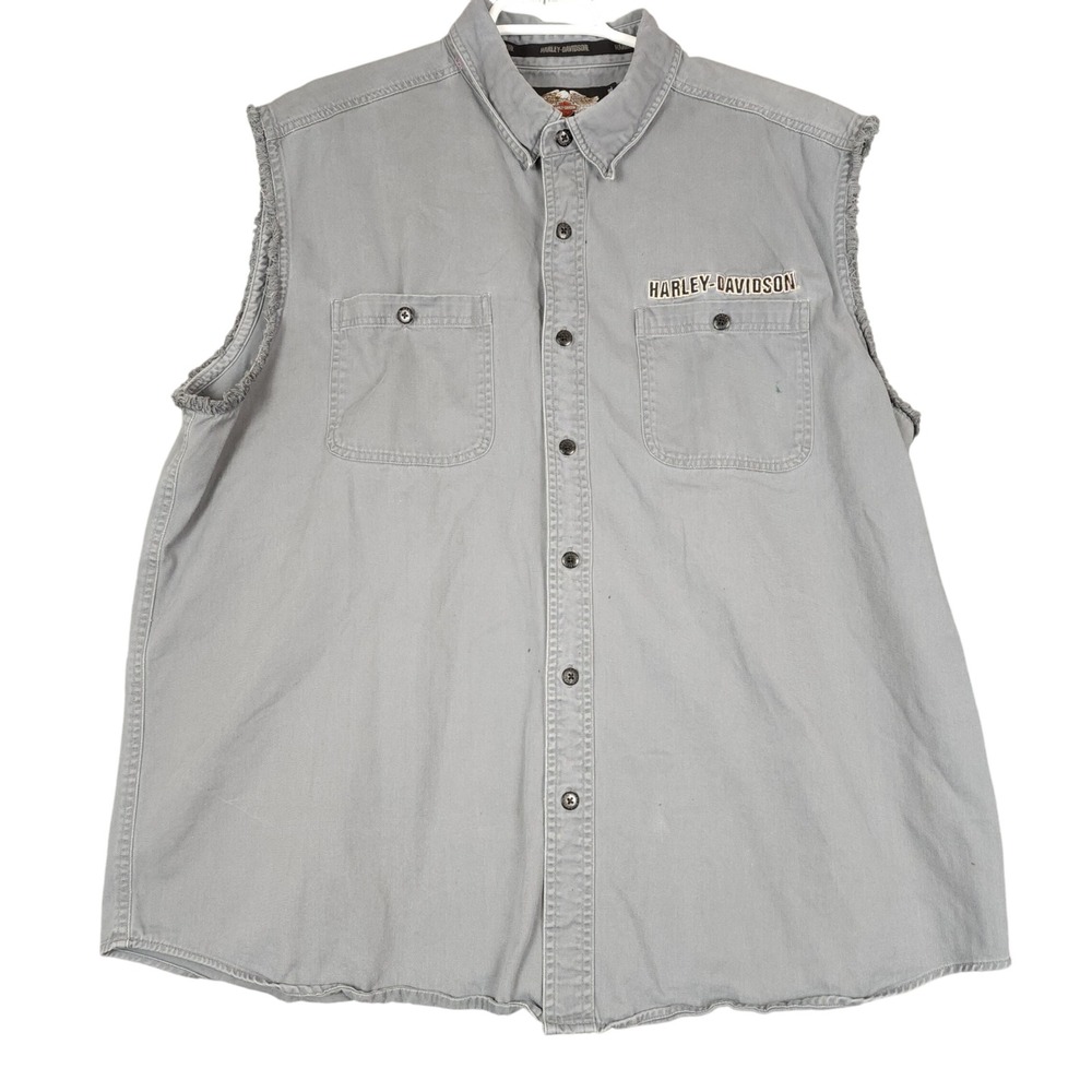 Harley Davidson Mens Gray Sleeveless Button Up Shirt 2XL Legendary Motorcycles